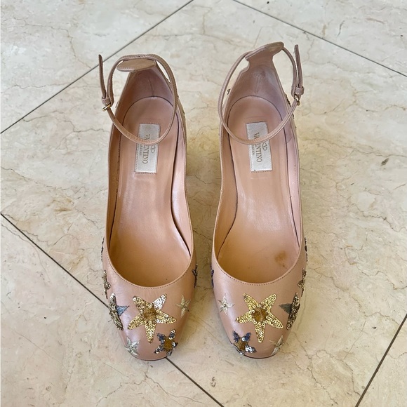 Valentino Beige Calfskin Star Embellished Ballet Pumps Heels 37.5 Like NEW - Picture 6 of 6